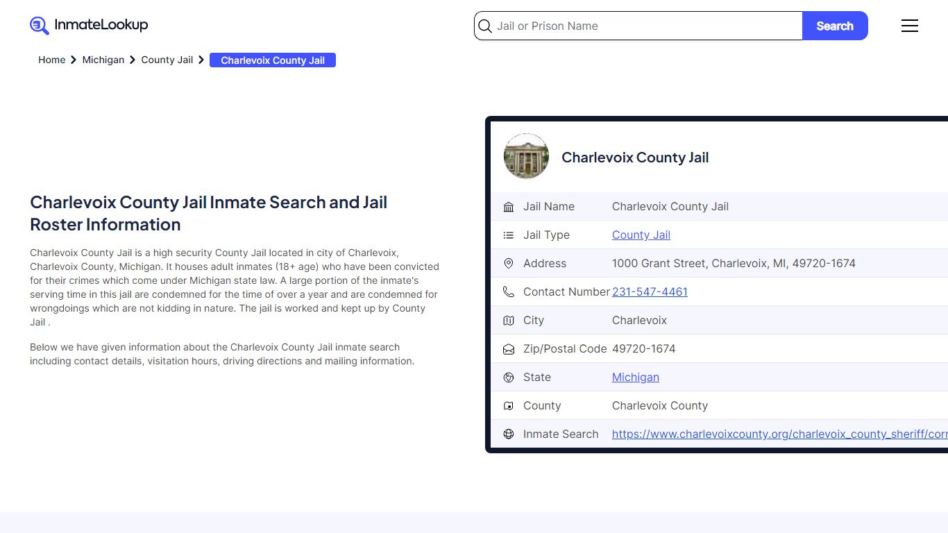 Charlevoix County Jail Inmate Search - Charlevoix Michigan - Inmate Lookup